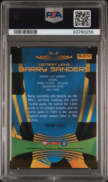1999 COLLECTOR'S EDGE ODYSSEY SUPER LIMITED EDGE #SLE10 BARRY SANDERS SUPER LIMITED EDGE