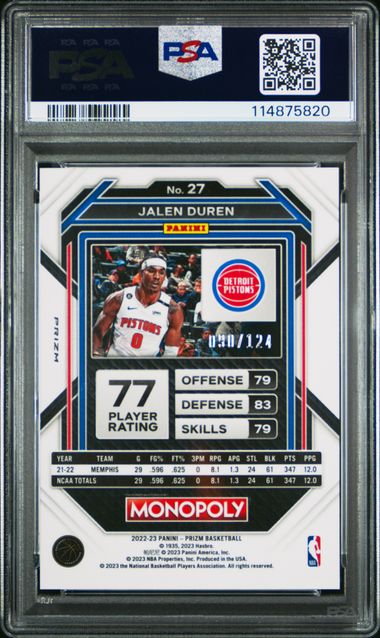 2022 PANINI PRIZM MONOPOLY #27 JALEN DUREN ORANGE PRIZM