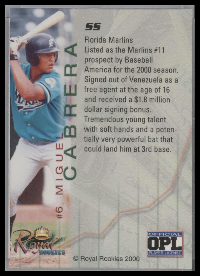 Miguel Cabrera 2000 Royal Rookies LIMITED EDITION #6 Rookie Marlins Tigers RC