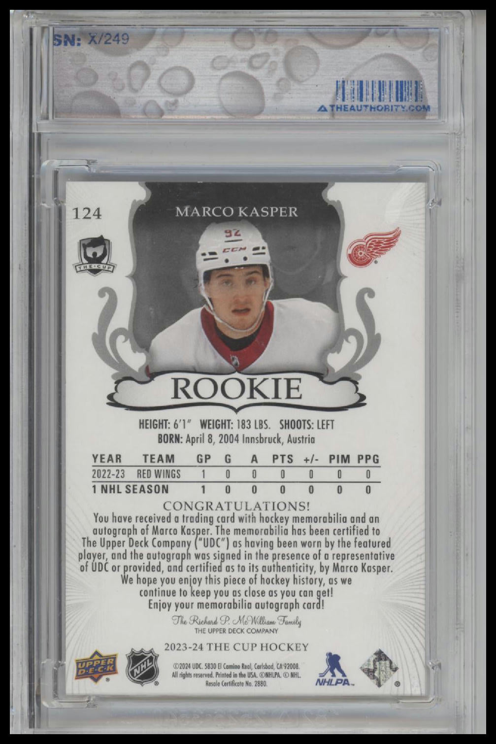 2023-24 UD The Cup Marco Kasper #124 Red Wings Rookie Patch Auto SN# /249