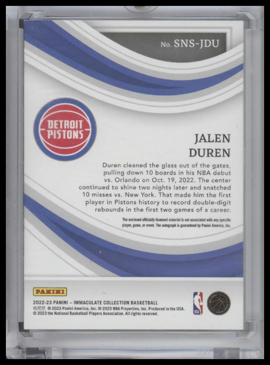 Jalen Duren 2022-23 Panini Immaculate RC Rookie Sneaker Swatch Patch Auto /49