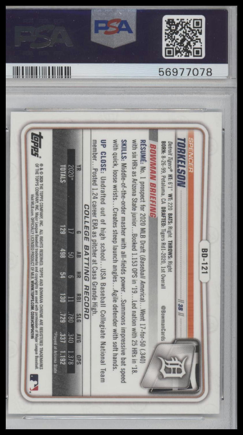 2020 BOWMAN DRAFT #BD121 SPENCER TORKELSON CHROME-SPARKLE REFRACTOR