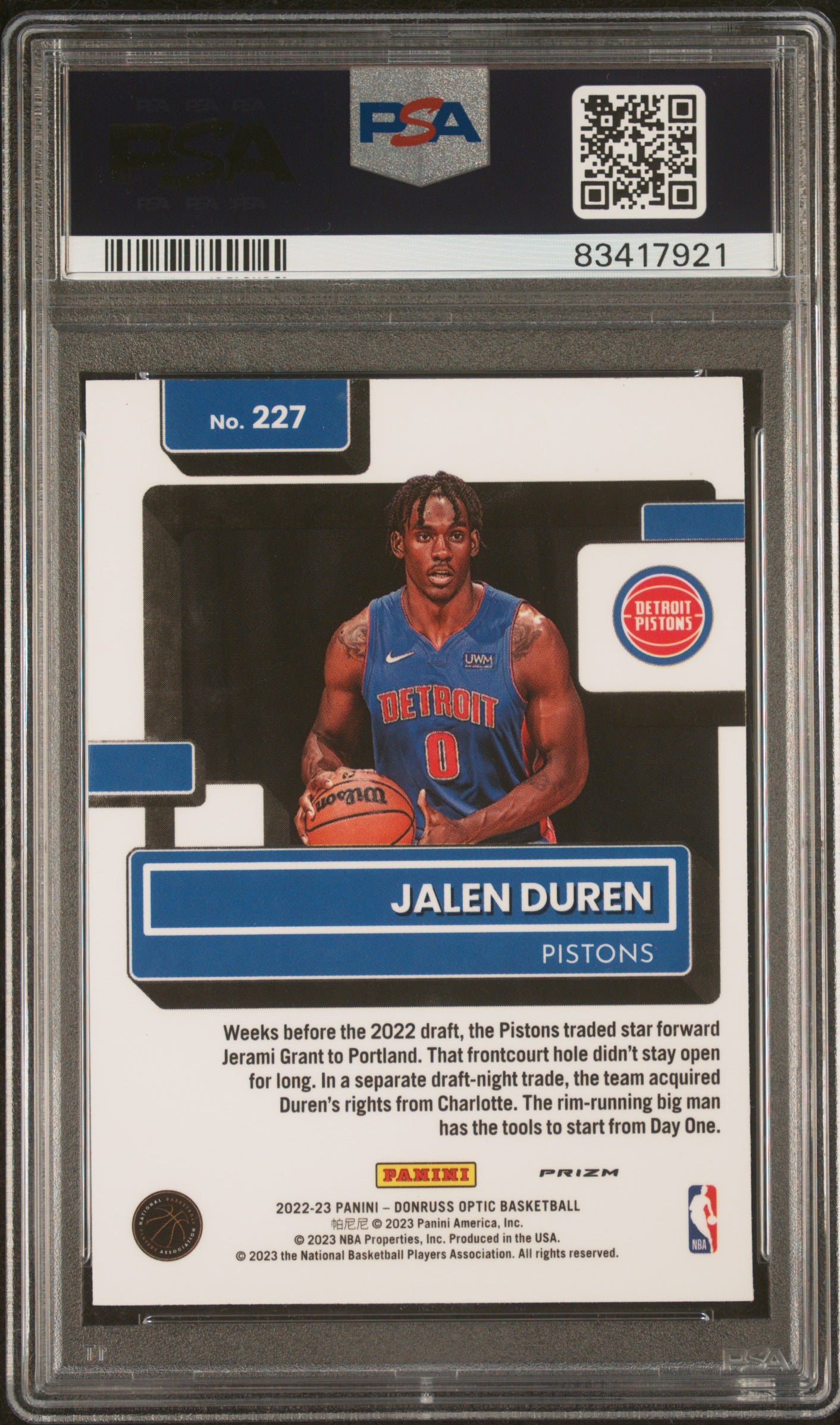 2022 Panini Donruss Optic #227 Jalen Duren Red & Green Choice PSA 10