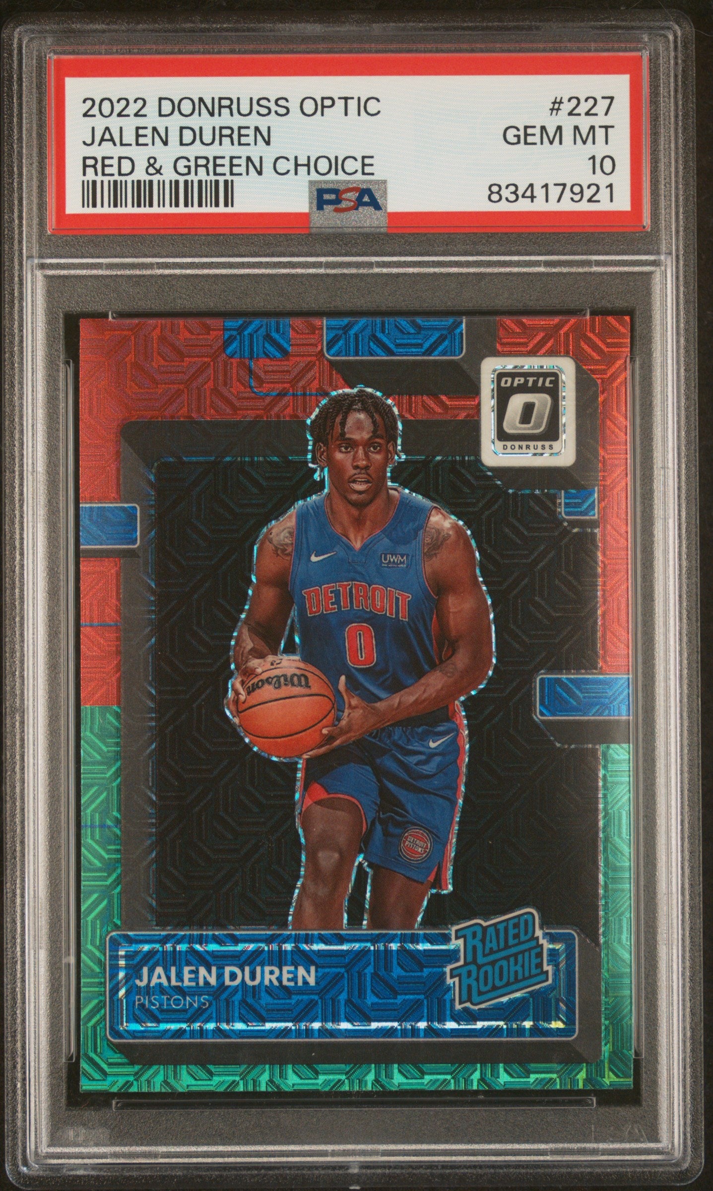 2022 Panini Donruss Optic #227 Jalen Duren Red & Green Choice PSA 10