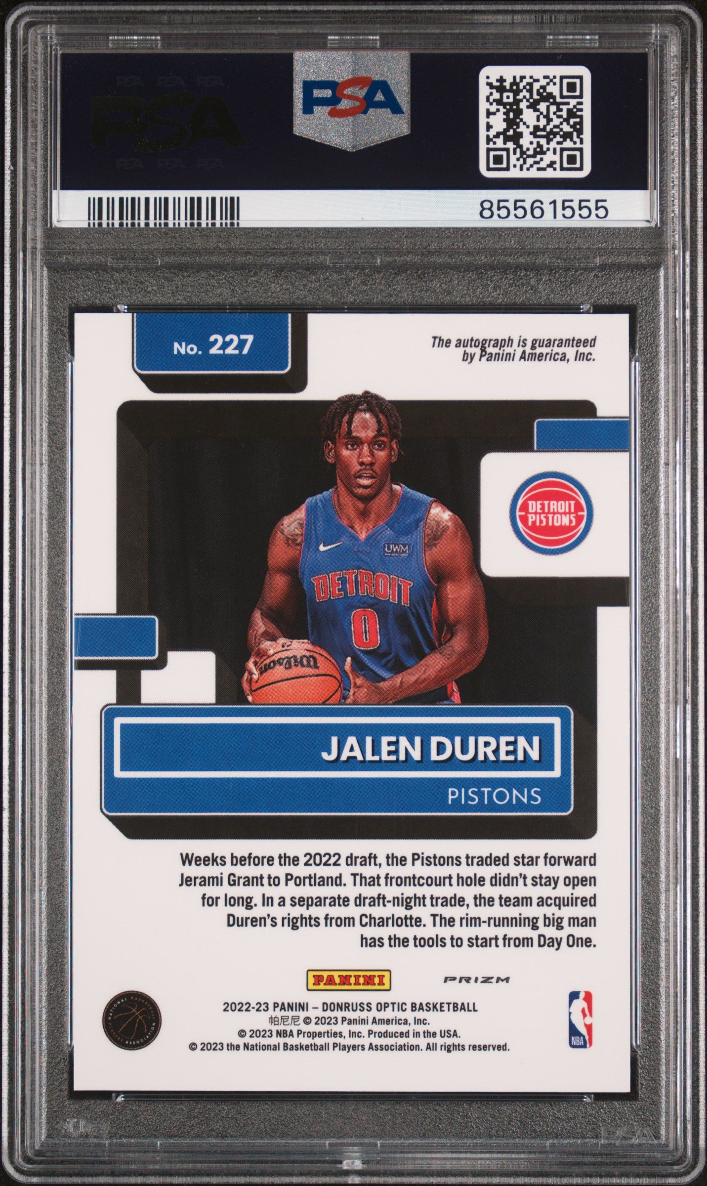 2022 Panini Donruss Optic #227 Jalen Duren Signature-Fast Break PSA 8