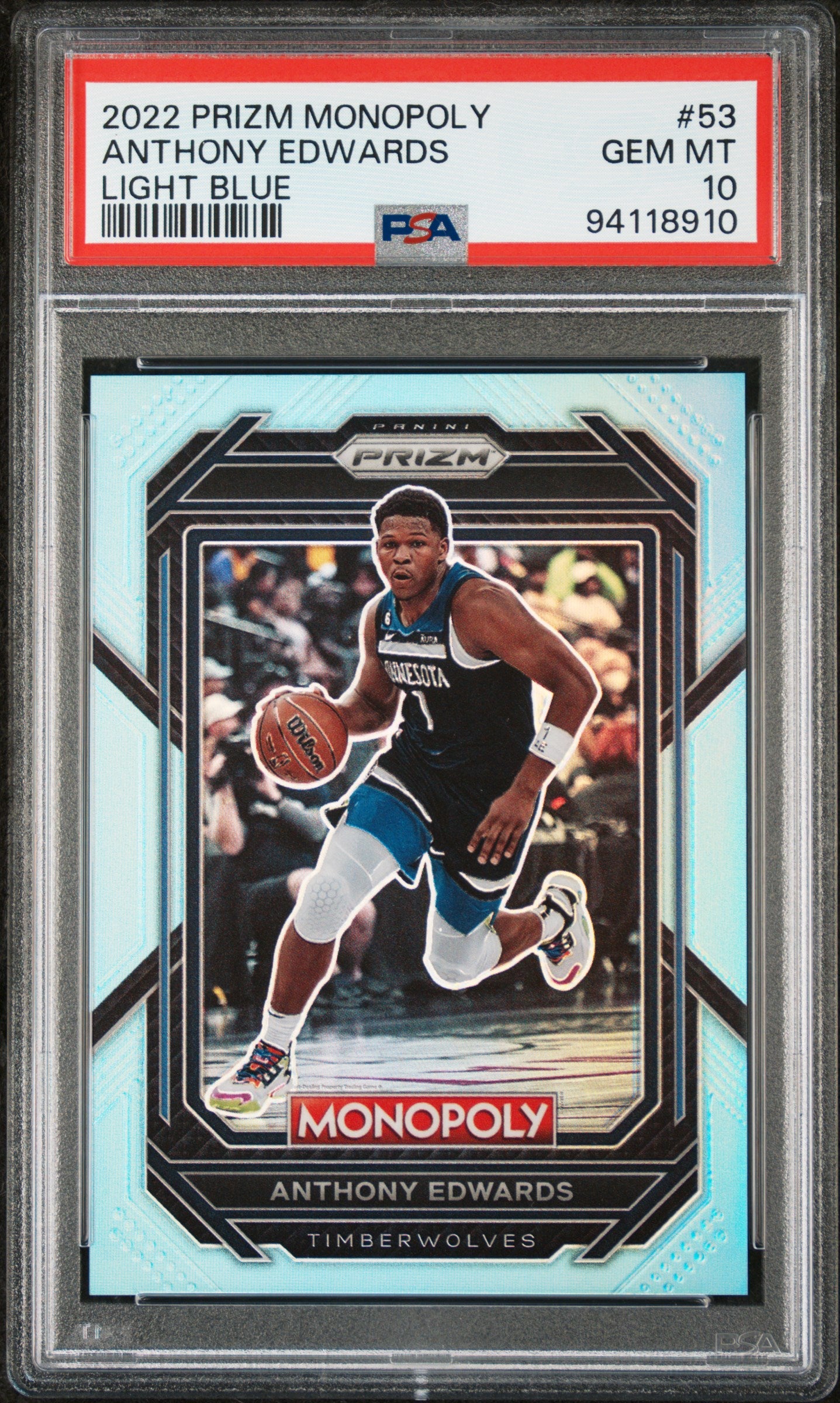 2022 Panini Prizm Monopoly #53 Anthony Edwards Light Blue PSA 10