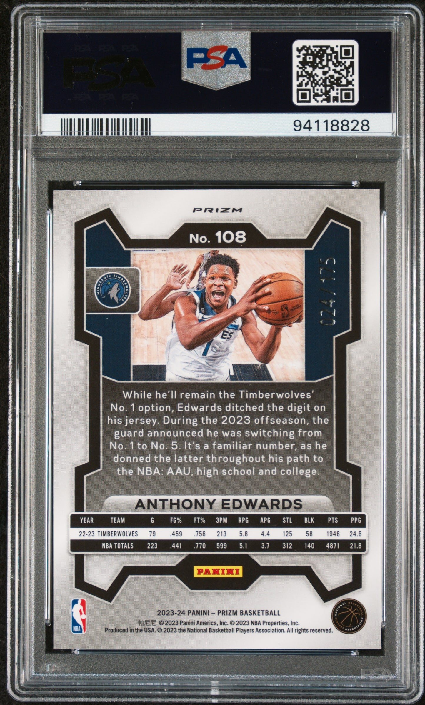 2023 Panini Prizm #108 Anthony Edwards White Prizm PSA 9