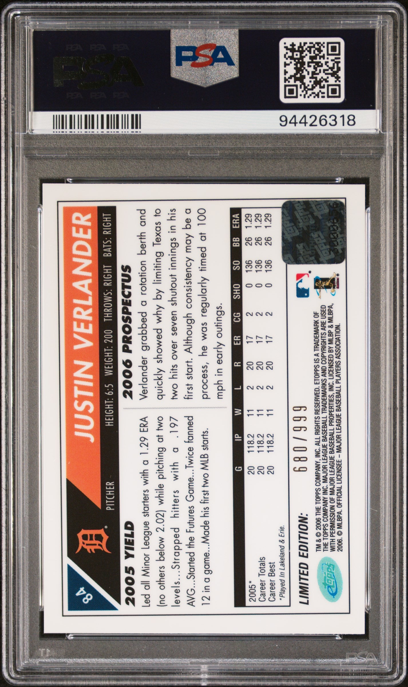 2006 Etopps #84 Justin Verlander Limited Edition-Auto. PSA 8