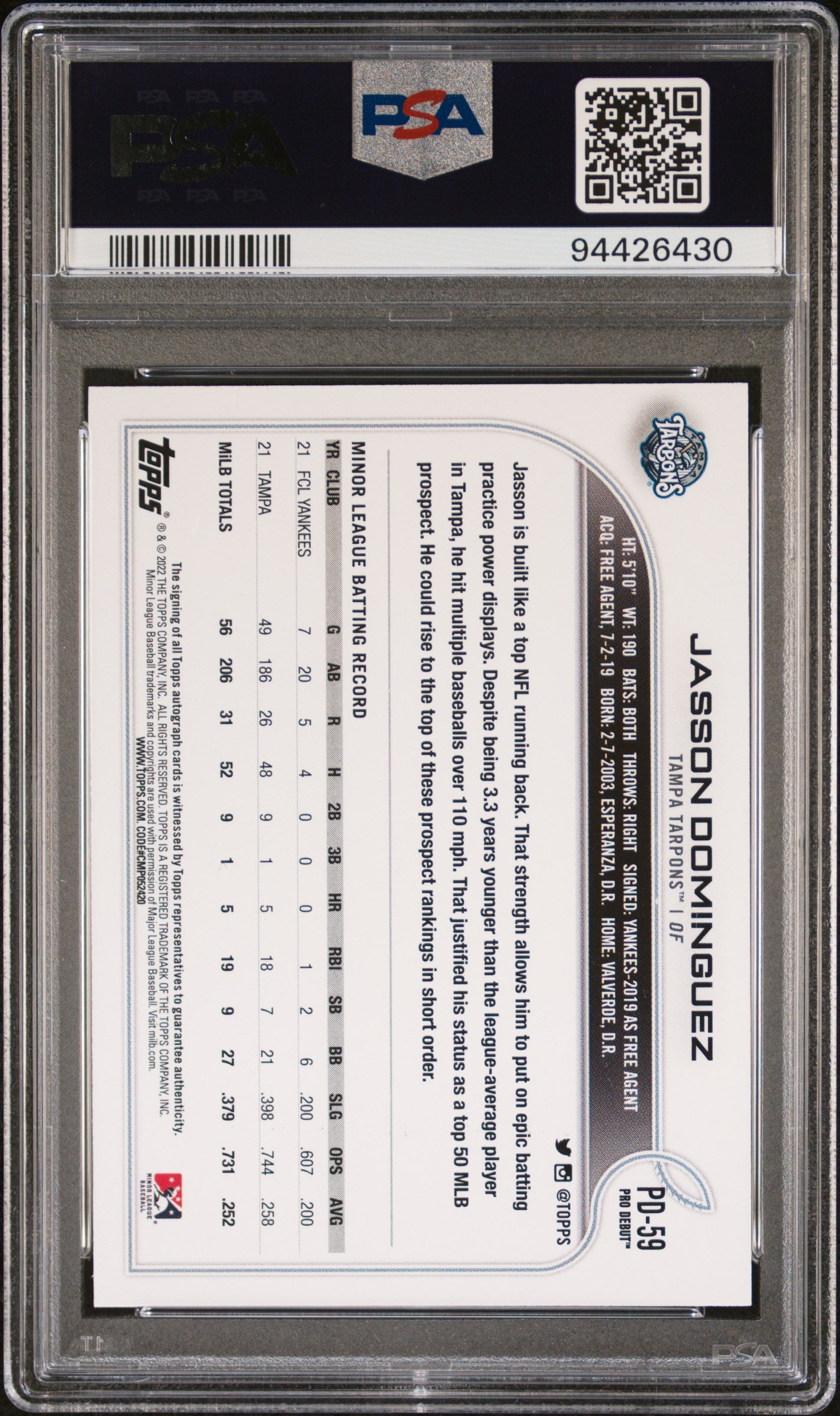 2022 Topps Pro Debut #PD59 Jasson Dominguez Autograph PSA 10