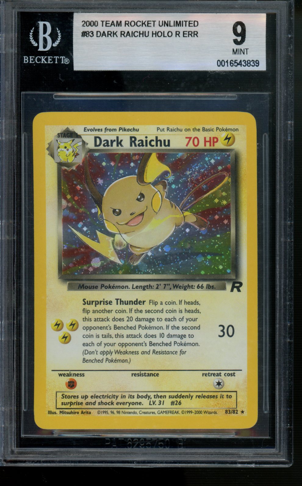 2000 Pokemon Team Rocket Unlimited #83 Dark Raichu HOLO R ERR BGS 9.0