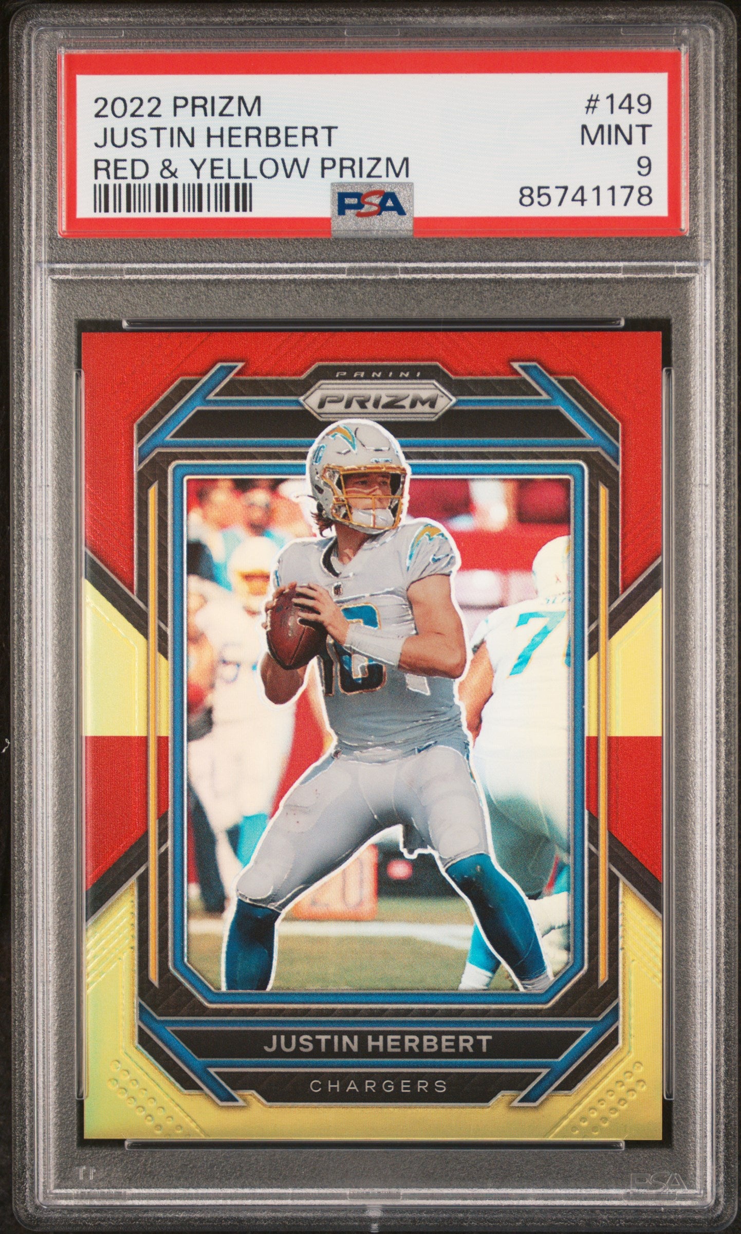 2022 Panini Prizm #149 Justin Herbert Red & Yellow Prizm PSA 9