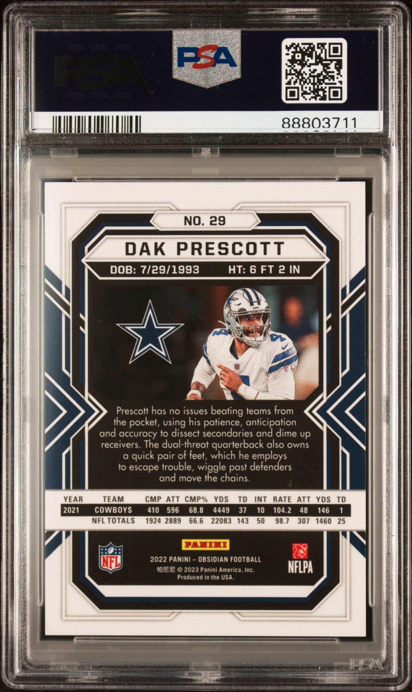 2022 Panini Obsidian #29 Dak Prescott Electric Etch Contra PSA 9