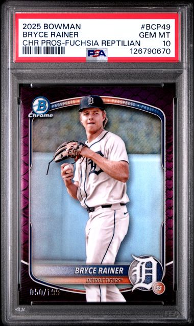 2025 BOWMAN CHROME PROSPECTS #BCP49 BRYCE RAINER CHR PROS-FUCHSIA REPTILIAN