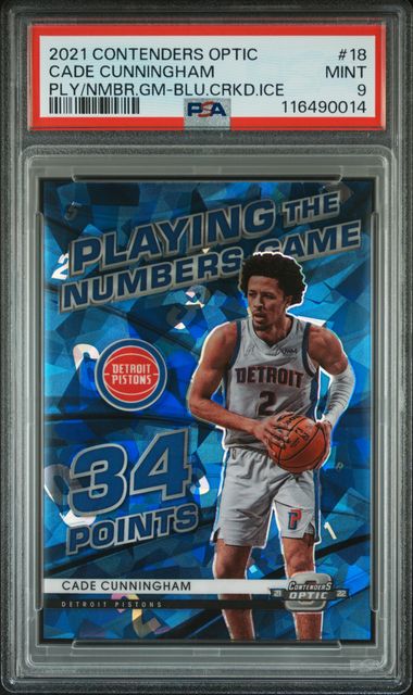 2021 PANINI CONTENDERS OPTIC PLAYING THE NUMBERS GAME #18 CADE CUNNINGHAM PLY/NMBR.GM-BLU.CRKD.ICE