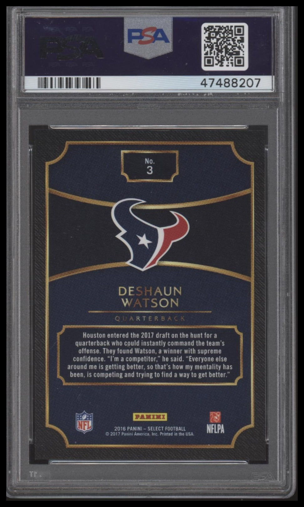 2016 Panini Select '17 Nfl Draft Xrc Prizm Rdm #3 Deshaun Watson '17 PSA 10