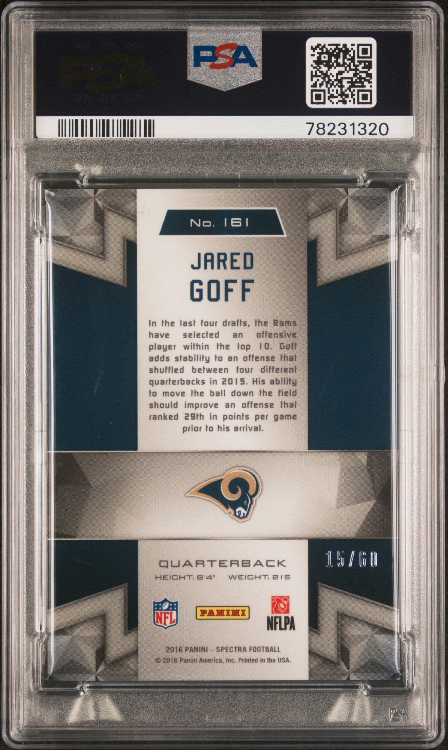 2016 Panini Spectra #161 Jared Goff Neon Blue PSA 9