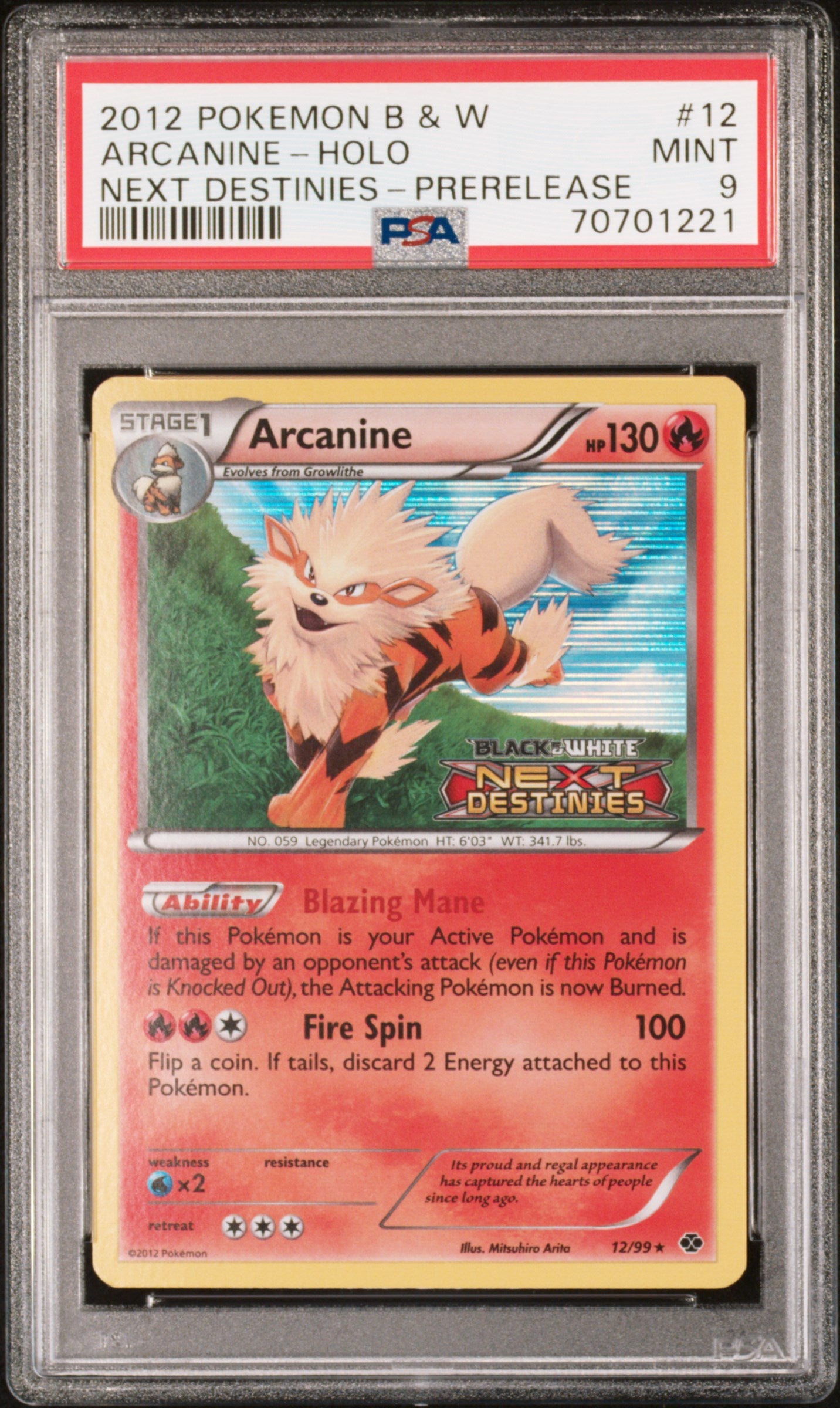 2012 Pokemon Black & White Next Destinies #12 Arcanine-Holo PSA 9