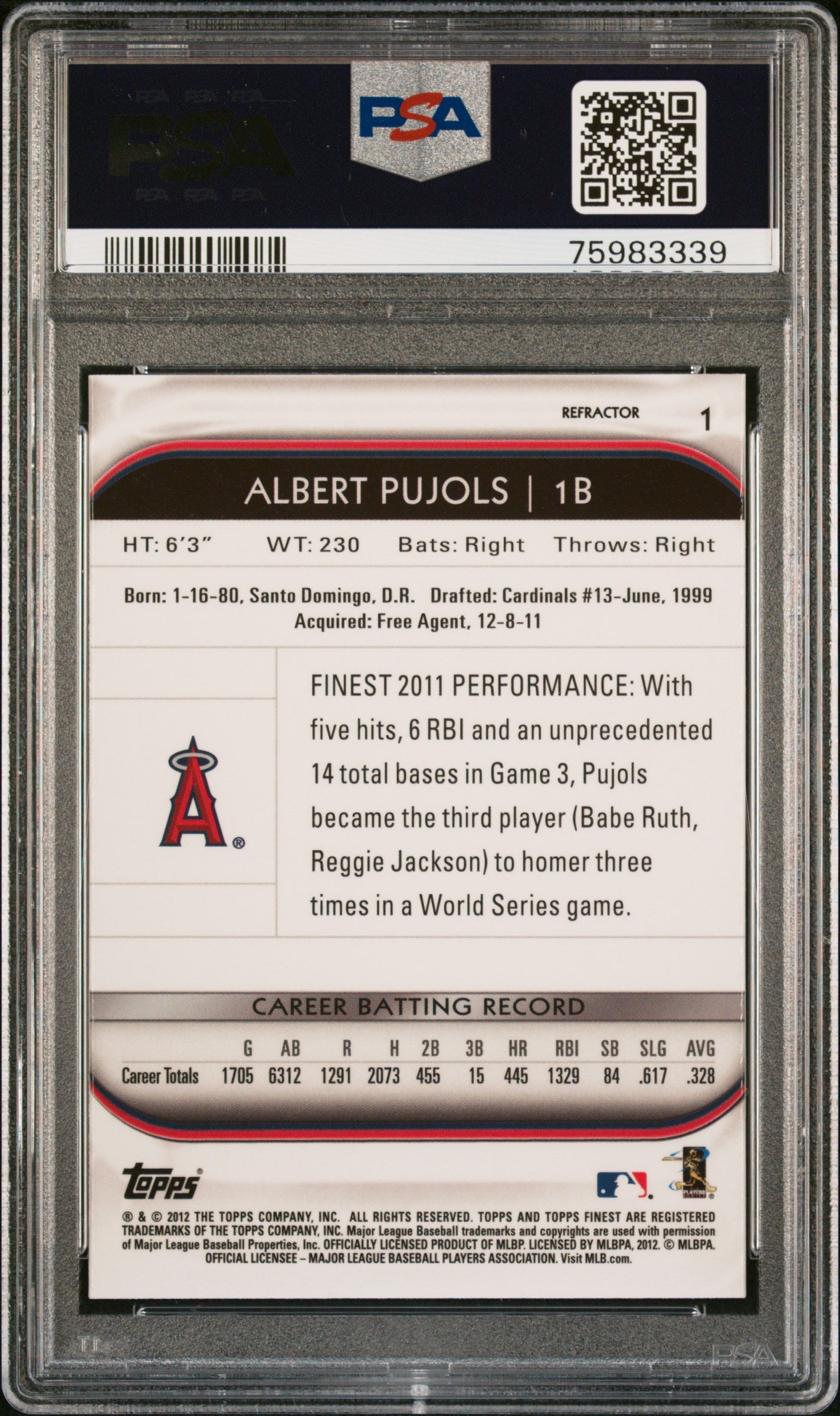 2012 Finest #1 Albert Pujols Refractor PSA 10