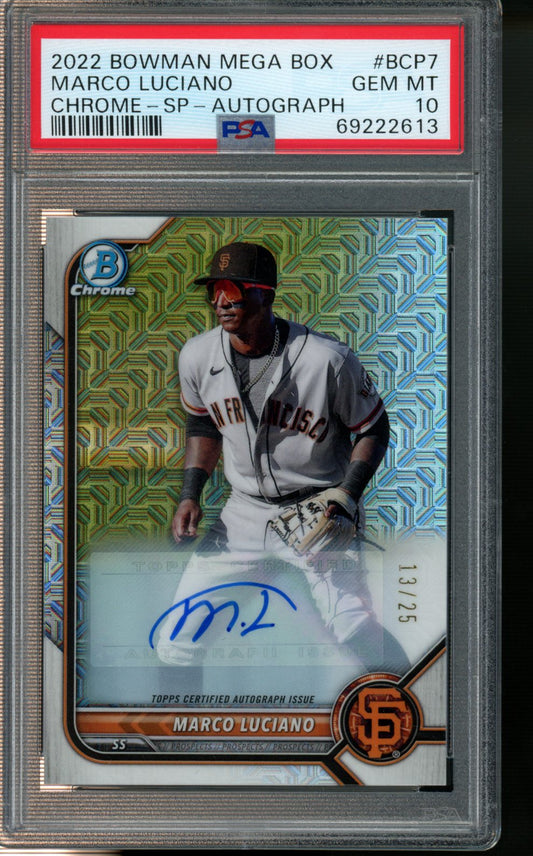 2022 Bowman Mega Box Chrome #7 Marco Luciano Chrome-Sp-Autograph PSA 10