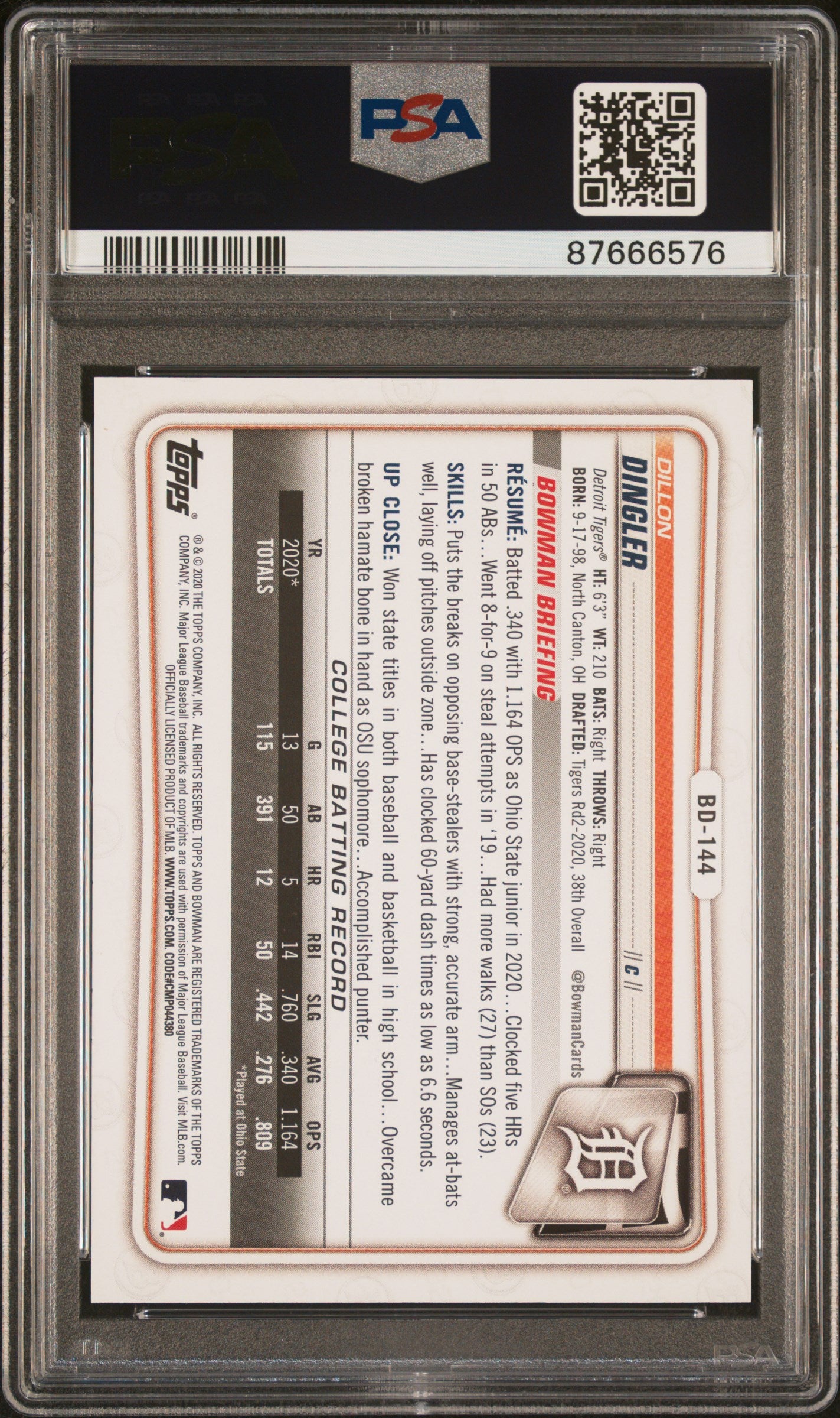 2020 Bowman Draft 1st Edition #BD144 Dillon Dingler 1st Ed-Yellow Foil PSA 9