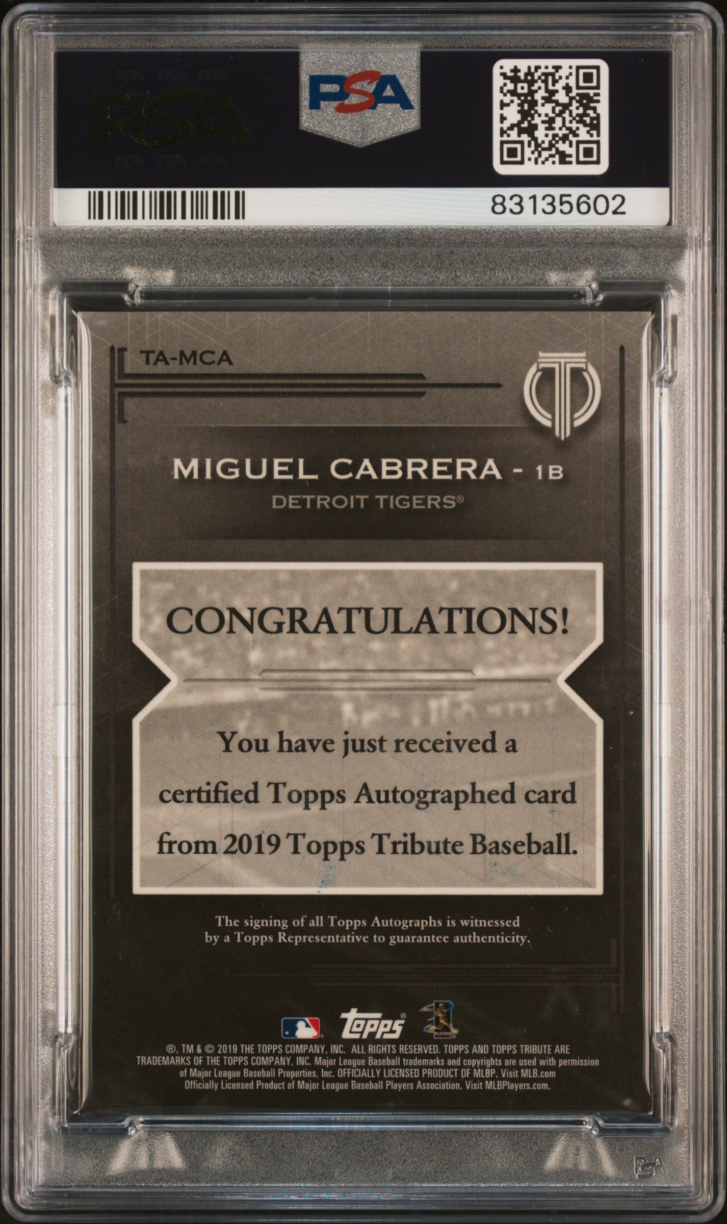 2019 Topps Tribute Autographs #TA-MCA Miguel Cabrera Autographs PSA 8