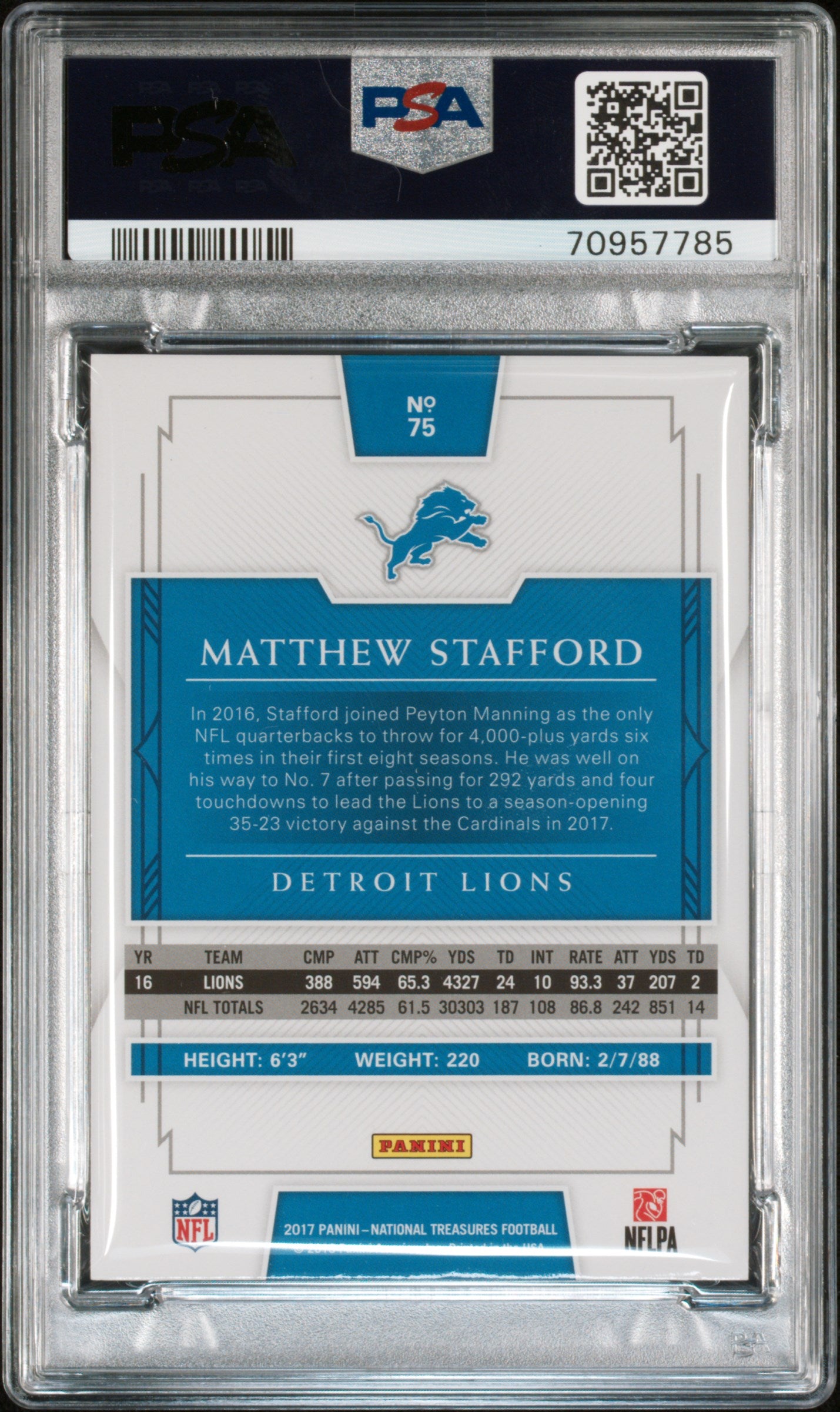 2017 Panini National Treasures #75 Matthew Stafford PSA 10