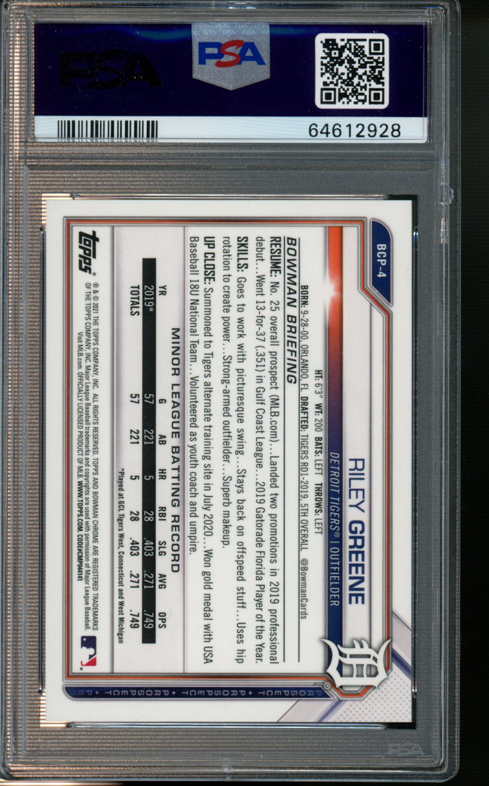 2021 Bowman Chrome Prospects #BCP4 Riley Greene Gold Shm.Ref. PSA 9