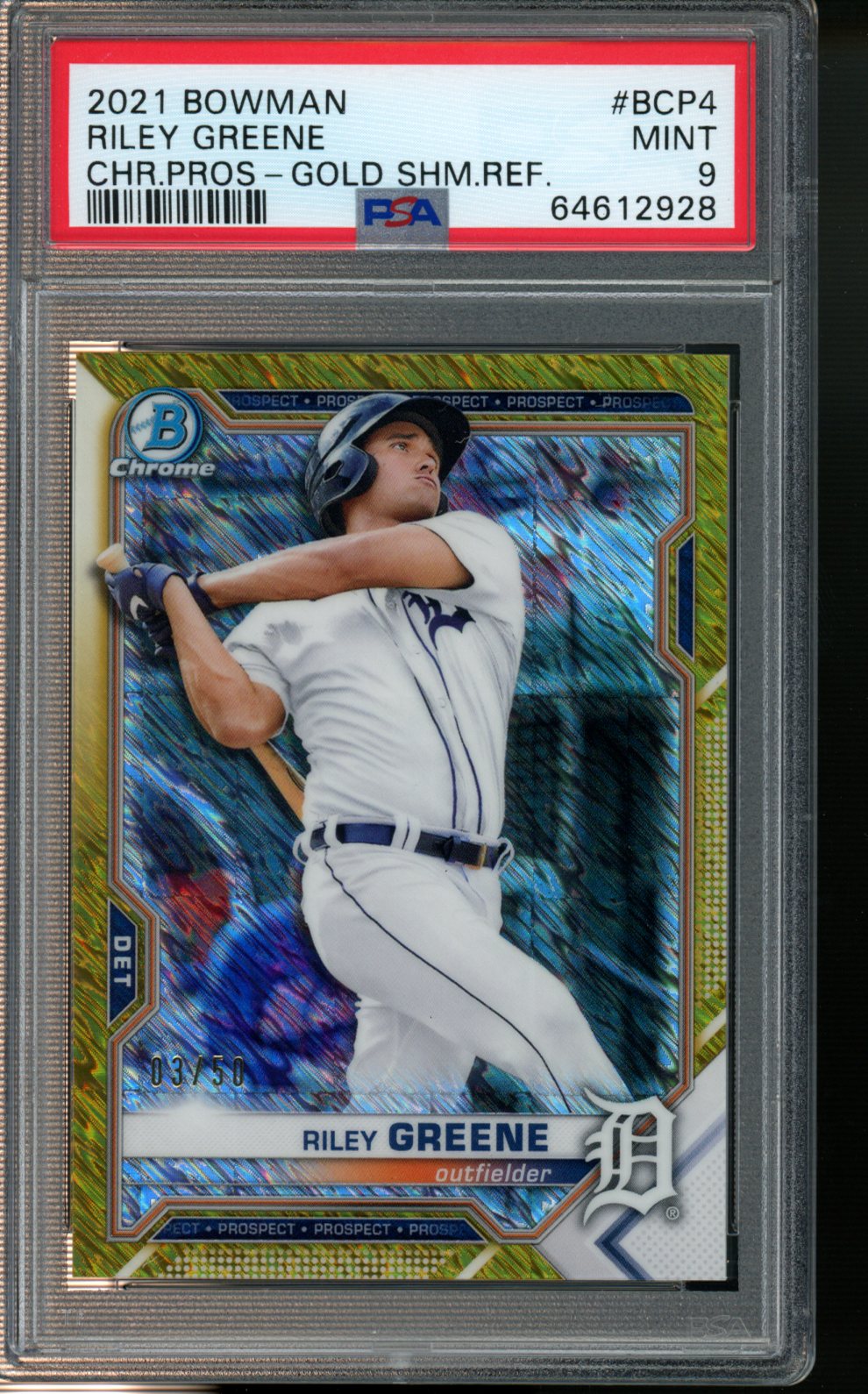 2021 Bowman Chrome Prospects #BCP4 Riley Greene Gold Shm.Ref. PSA 9