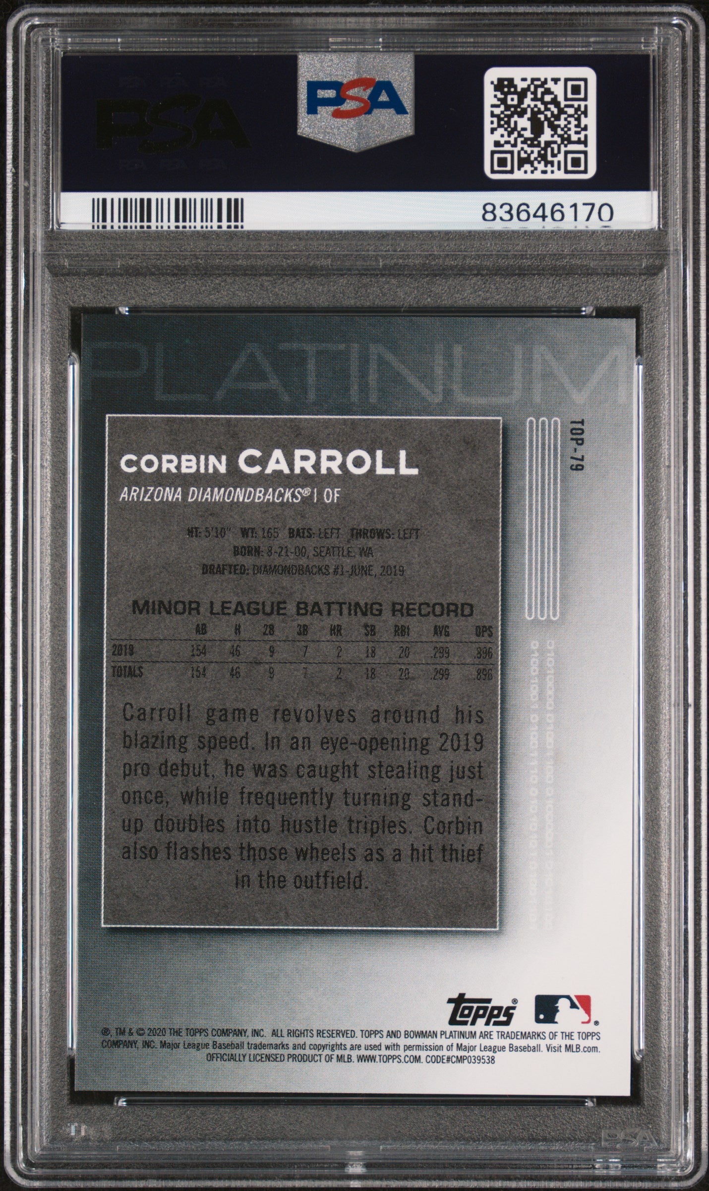 2020 Bowman Platinum Top Prospects Corbin Carroll Top Prospects-Blue PSA 10