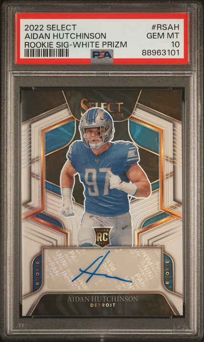 2022 Panini Select Rookie Signatures Aidan Hutchinson Rookie White Prizm PSA 10