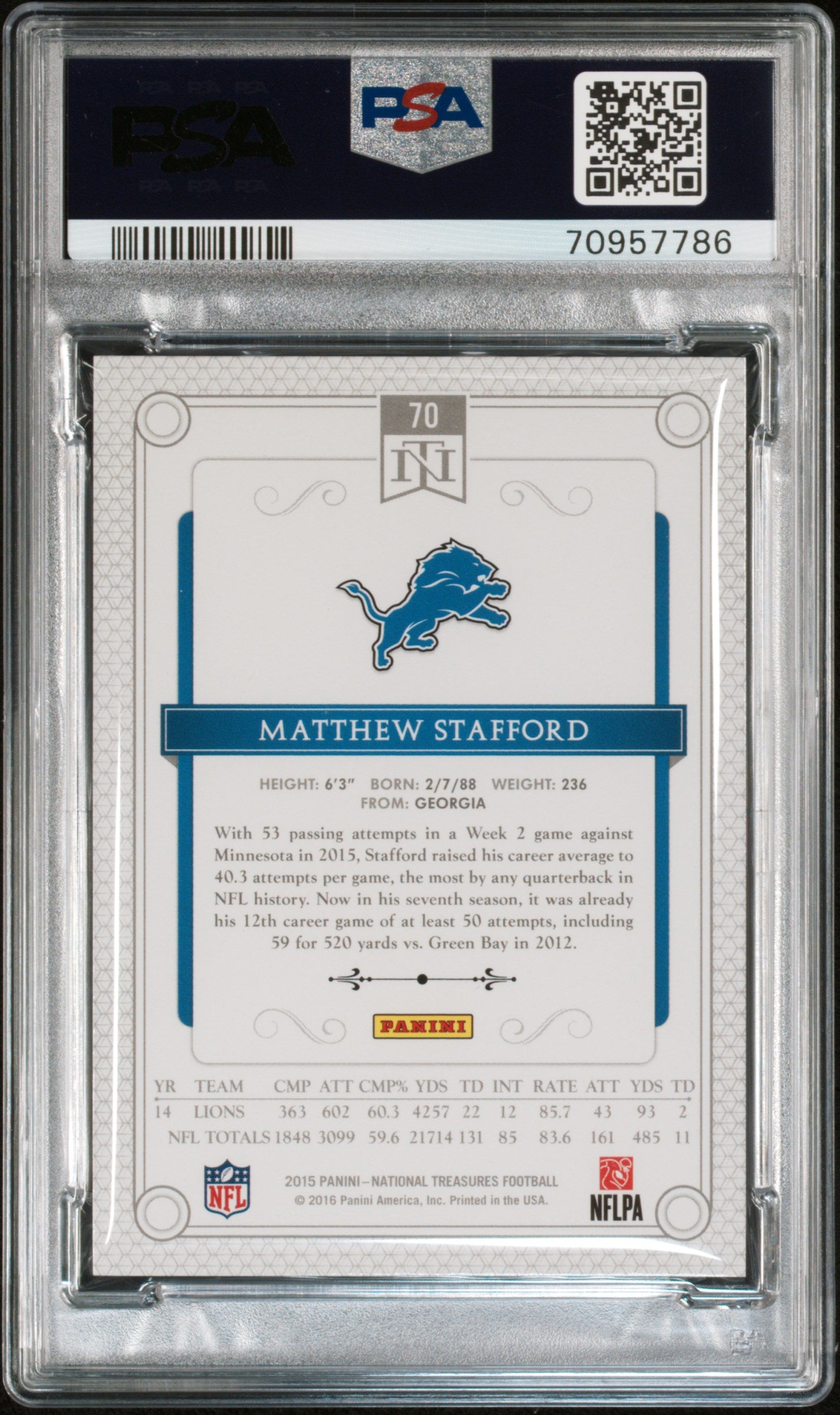 2015 Panini National Treasures #70 Matthew Stafford PSA 9