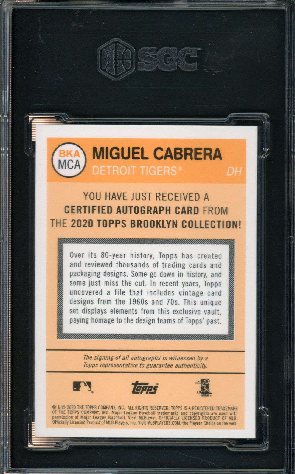 2020 Topps BKLYN. Col Miguel Cabrera Auto SGC 10