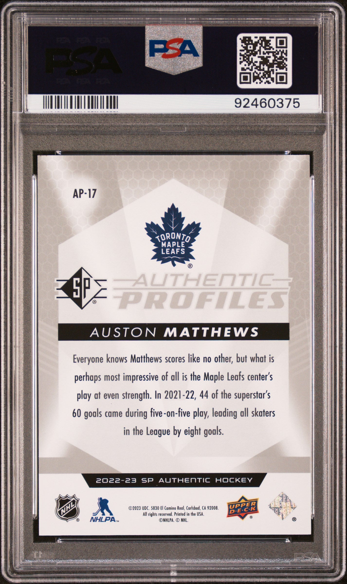 2022 Sp Authentic Profiles #AP17 Auston Matthews-Slv Spectrum PSA 10