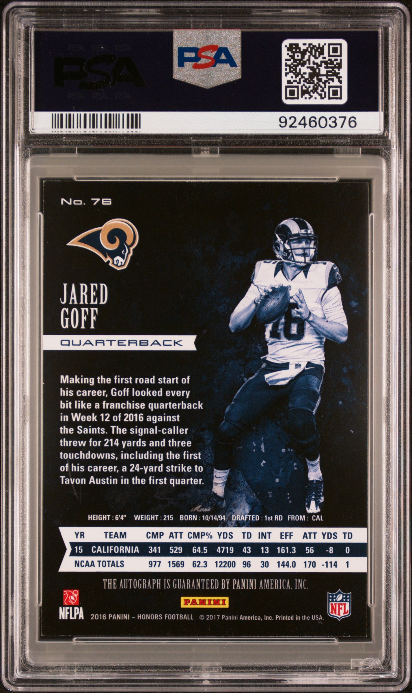 2016 Panini Honors #76 Jared Goff Autograph PSA 9