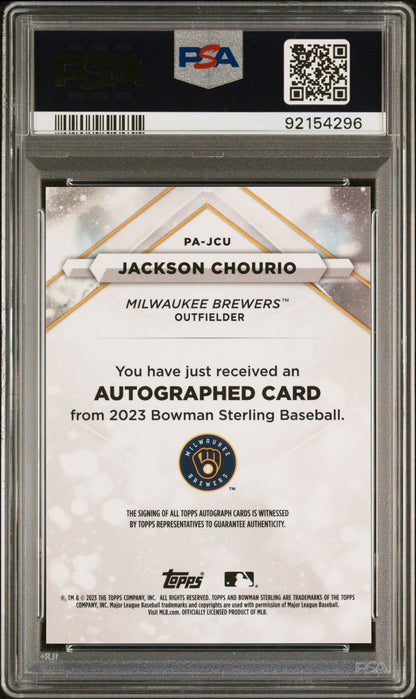 2023 Bowman Sterling Prospect Autographs #PAJCU Jackson Chourio-Speckle PSA 10