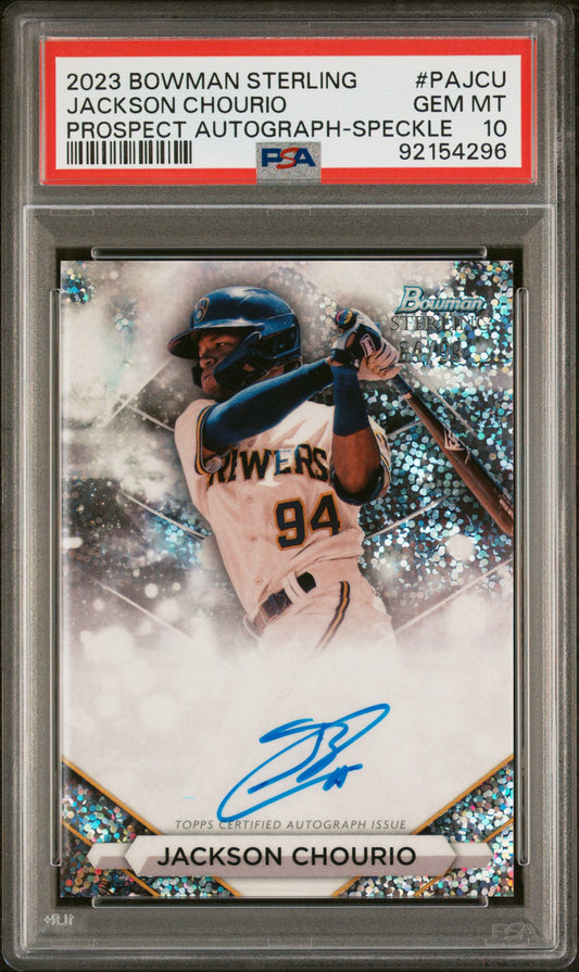 2023 Bowman Sterling Prospect Autographs #PAJCU Jackson Chourio-Speckle PSA 10