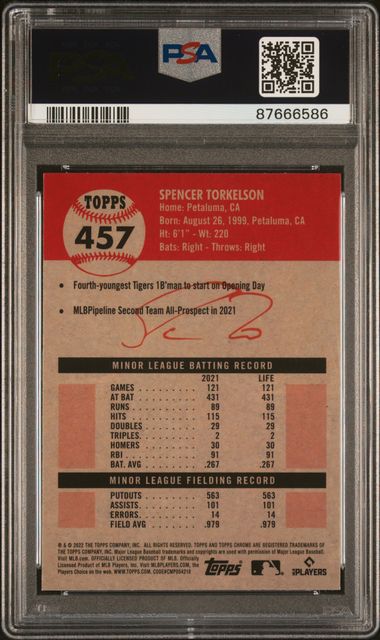 2022 TOPPS CHROME PLATINUM ANNIVERSARY #457 SPENCER TORKELSON B&W MINI DIAMOND REFRACTOR