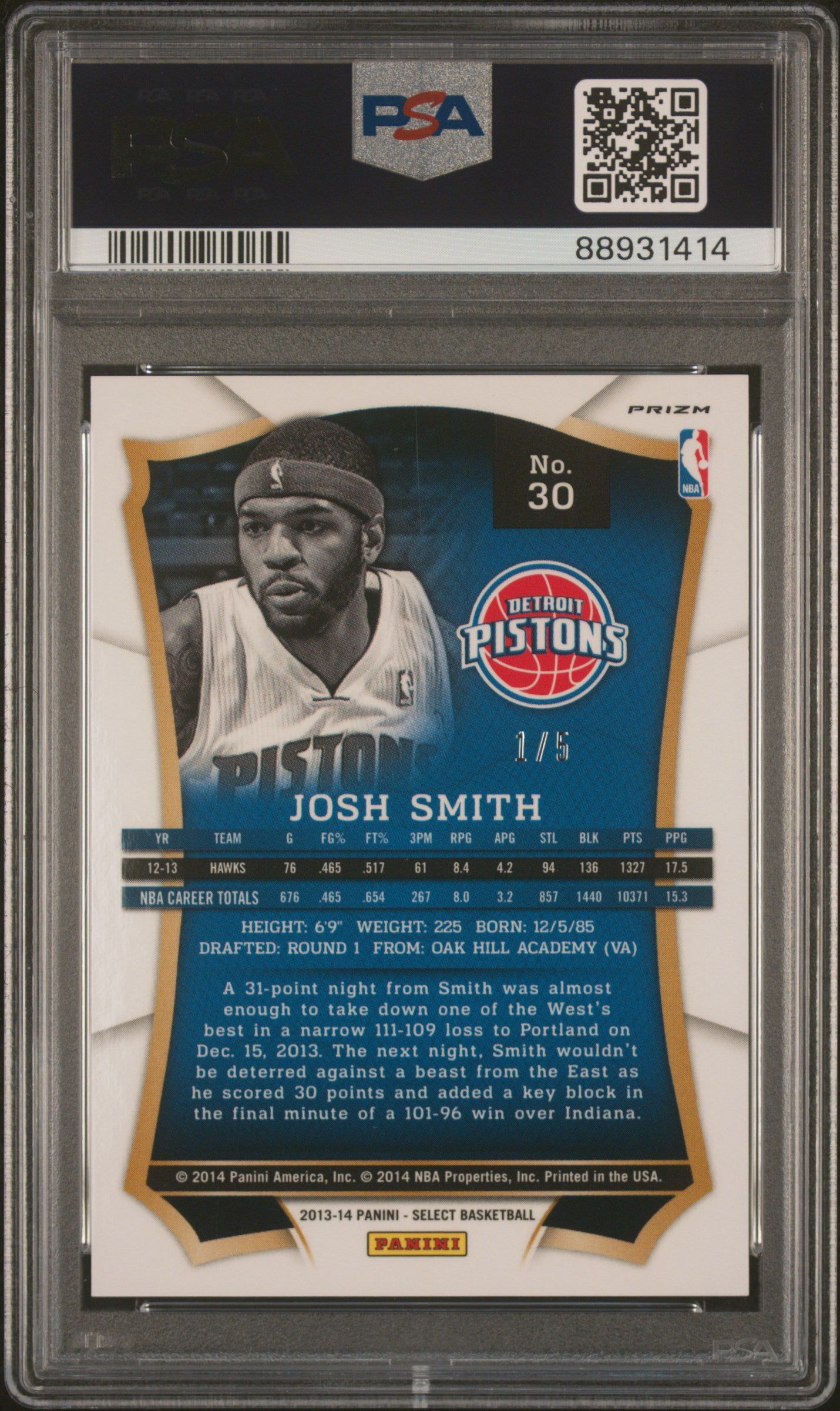 2013 Panini Select #30 Josh Smith Green Prizm PSA 10