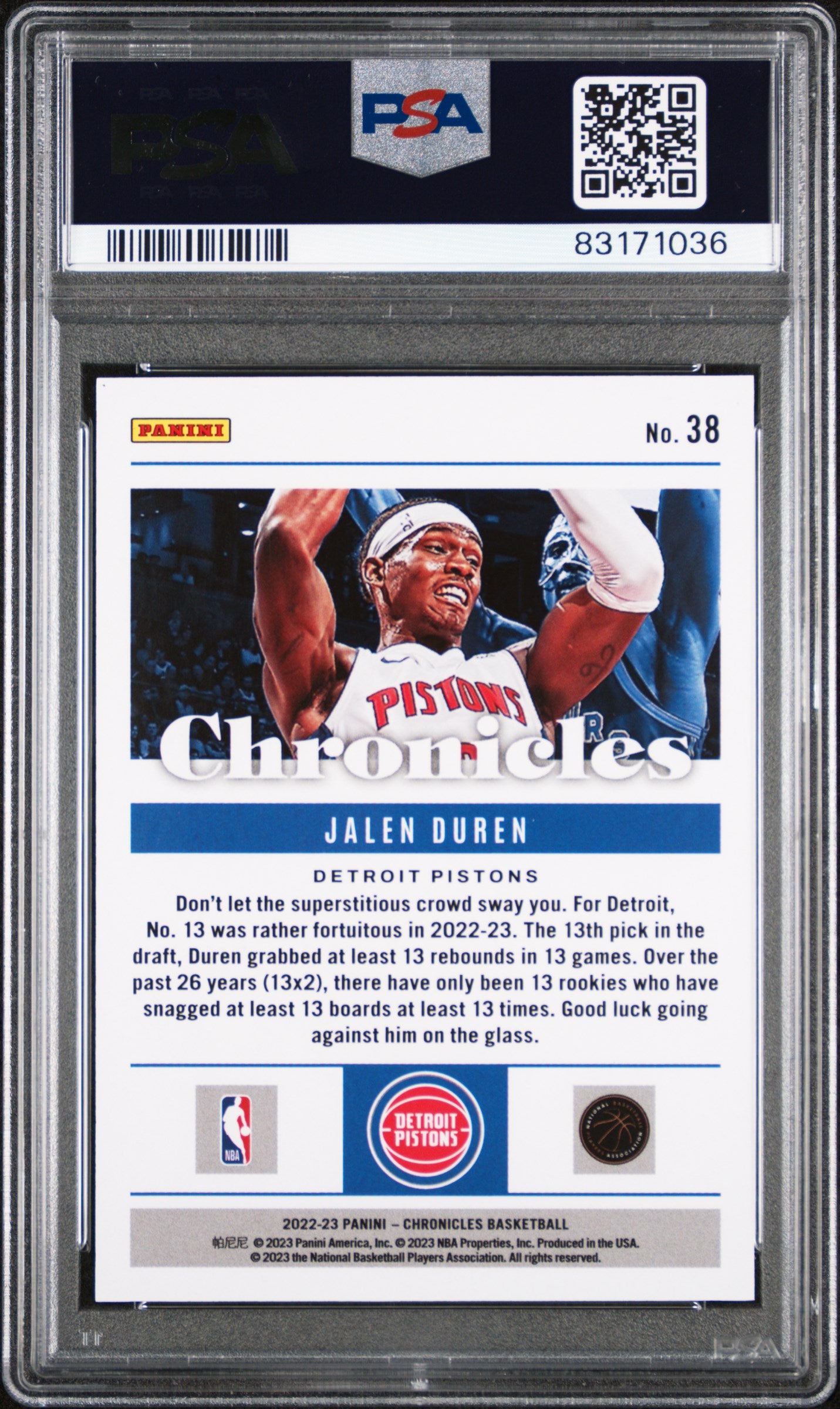 2022 Panini Chronicles #38 Jalen Duren Blue PSA 10