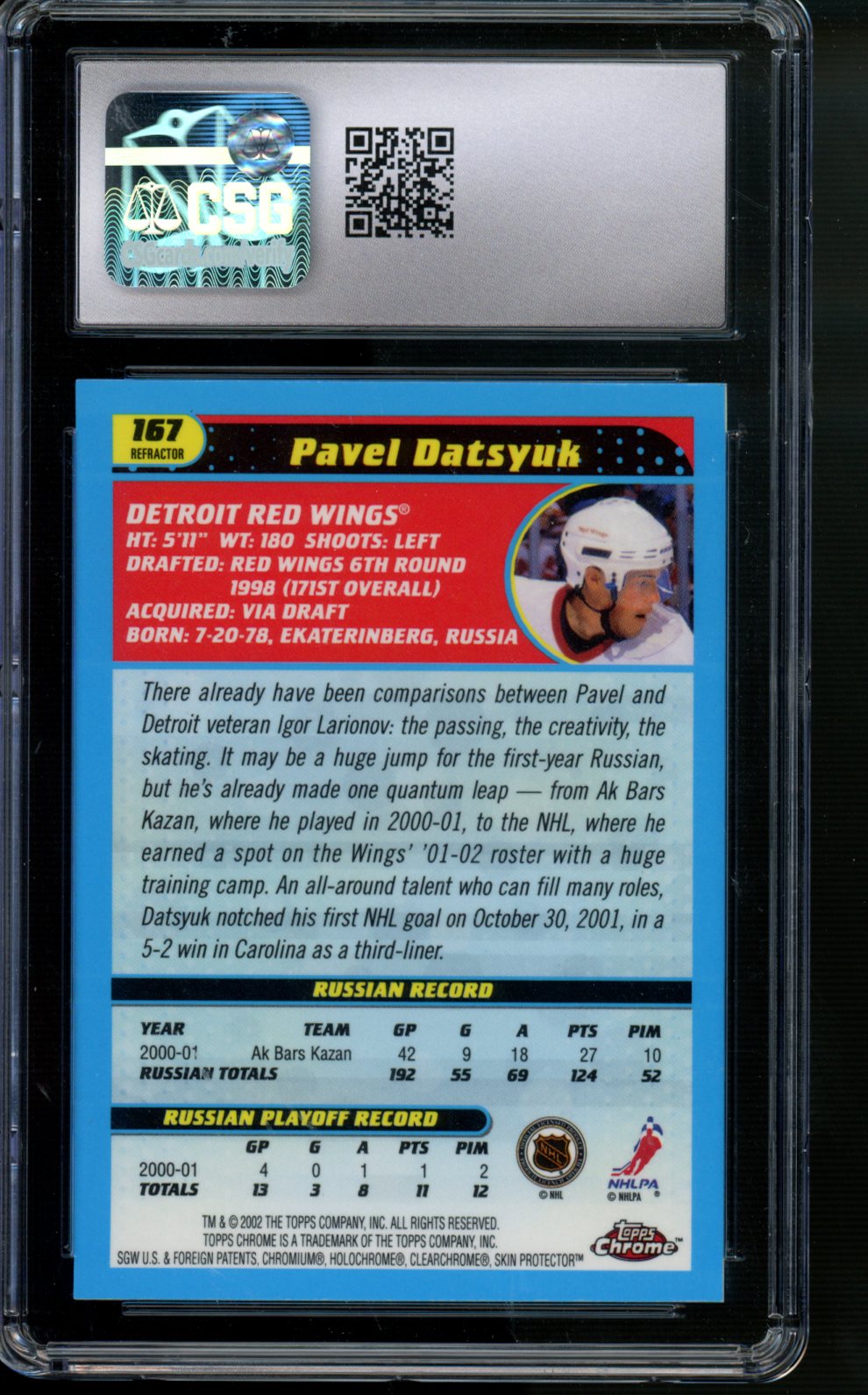 2001-02 Topps Chrome #167 Pavel Datsyuk Refractors CSG 8.5