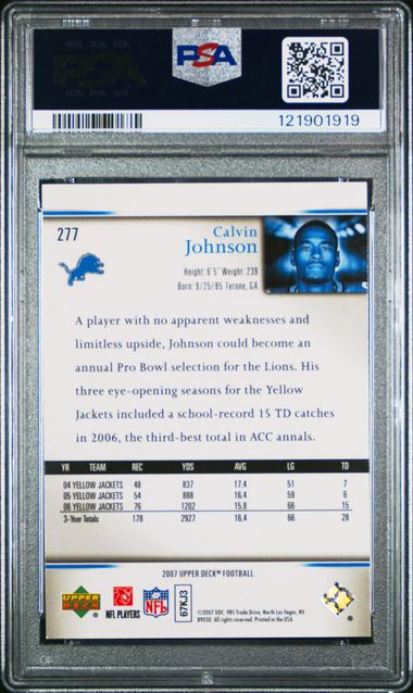 2007 UPPER DECK #277 CALVIN JOHNSON ROOKIE EXCLUSIVES psa 9