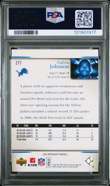 2007 UPPER DECK #277 CALVIN JOHNSON ROOKIE EXCLUSIVES psa 8