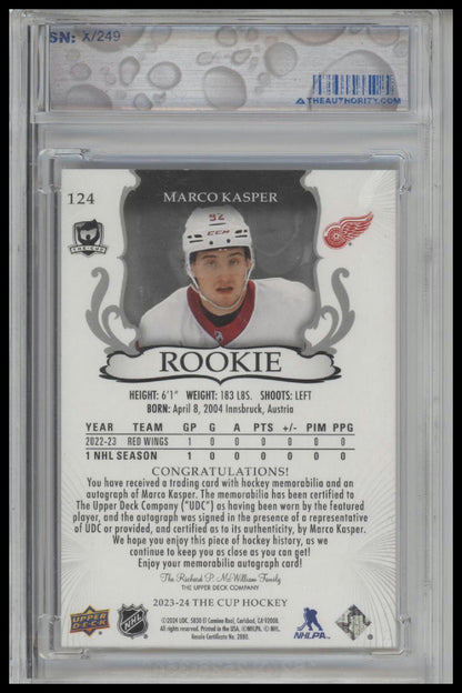 2023-24 UD The Cup Marco Kasper #124 Red Wings Rookie Patch Auto SN# /249
