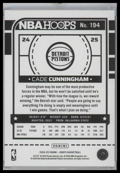 2024-25 Panini NBA Hoops Cade Cunningham Teal Explosion #194 - Detroit Pistons