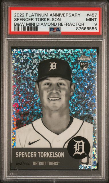 2022 TOPPS CHROME PLATINUM ANNIVERSARY #457 SPENCER TORKELSON B&W MINI DIAMOND REFRACTOR