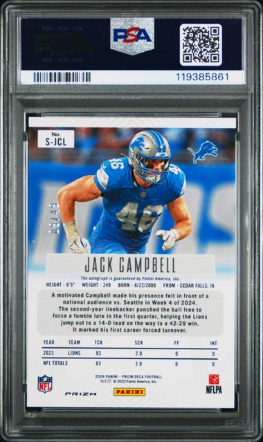 2024 PANINI PRIZM DECA SIGNATURES #SJCL JACK CAMPBELL SIGNATURE-BLUE PRIZM